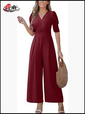 Polyester Blend Jumpsuit with V-Neck and Pockets for Travel